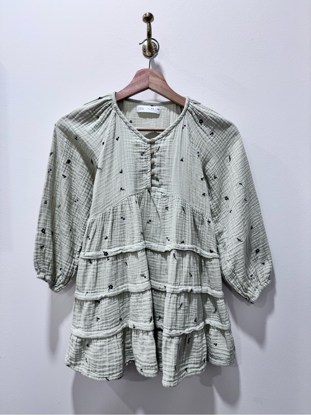 Zara Soft Sage Tiered Dress with Black Floral Dots